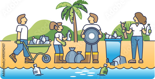 Volunteers clean beach, collecting plastic and debris, promoting environmental care.