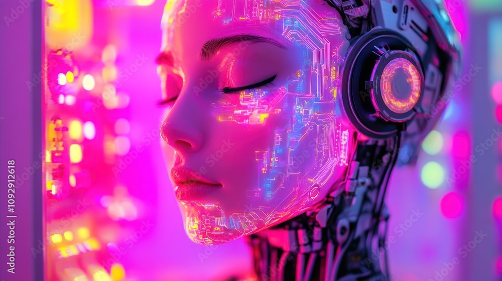 A futuristic robotic head with glowing circuits and headphones against a vibrant background. A futuristic robotic head with glowing circuits and headphones against a vibrant background.