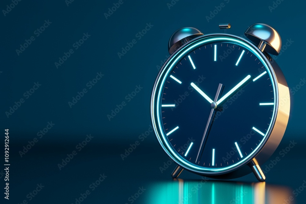 Glowing blue neon alarm clock on dark background with reflections Glowing blue neon alarm clock on dark background with reflections
