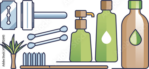 Eco-friendly beauty essentials: bottles, razor, cotton swabs, toothbrush, plant.