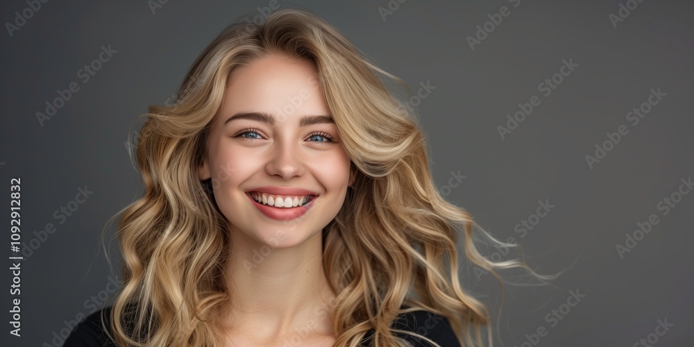 Naklejka premium A young woman with blonde wavy hair exudes charm, confidence, and happiness in a studio portrait. She radiates an attractive and carefree aura, embodying modern elegance and youthful joy
