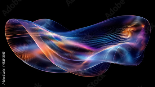 	
Futuristic abstract wave shape with an iridescent hologram effect, dark background.	