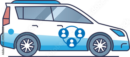 Illustration of a car with a car-sharing symbol, representing shared mobility.