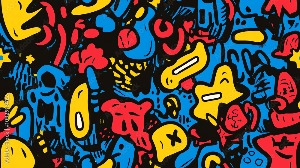 Obraz premium Vibrant graffiti style seamless pattern with abstract characters in primary colors