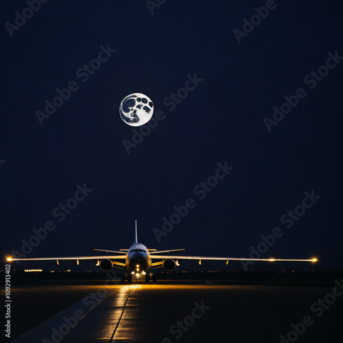 Runway to the Moon. The plane flies over the illuminated runway of the airfield against the backdrop of the moon