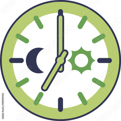 Clock with sun and moon symbols, representing day and night cycle.
