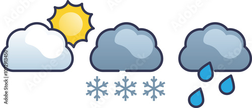 Illustration of clouds with sun, snowflakes, and raindrops, representing different weather types.