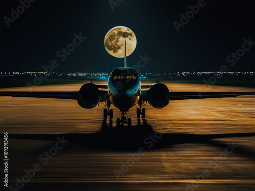 Tarmac Lights and Moonlit Heights. The plane flies over the illuminated runway of the airfield against the backdrop of the moon