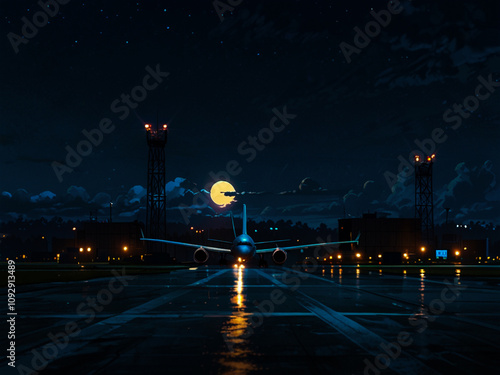 Silent Wings at Night. The plane flies over the illuminated runway of the airfield against the backdrop of the moon