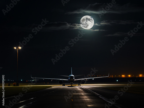 Soaring Toward the Moon. The plane flies over the illuminated runway of the airfield against the backdrop of the moon