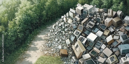 paisaje verde vibrante con un área contaminada en una esquina, cubierta de basura electrónica, que sirve como un recordatorio contundente de la importancia de reciclar photo