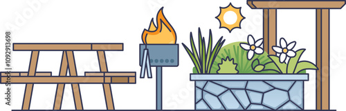 Picnic table, grill, and garden in a sunny community space.