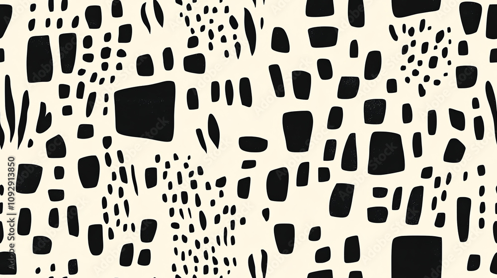 Fototapeta premium Minimalist dotted seamless pattern with varying shapes in black and white