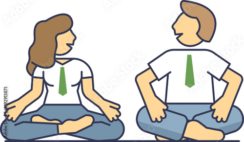 Illustration of coworkers sitting cross-legged, symbolizing relaxation and teamwork.