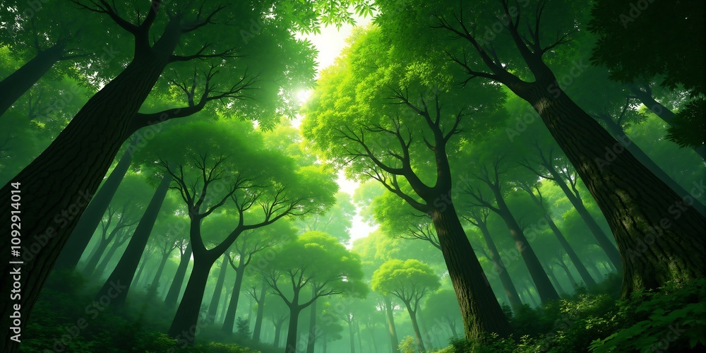 Obraz premium Lush Green Forest Canopy Sunlight Through Trees Nature Background