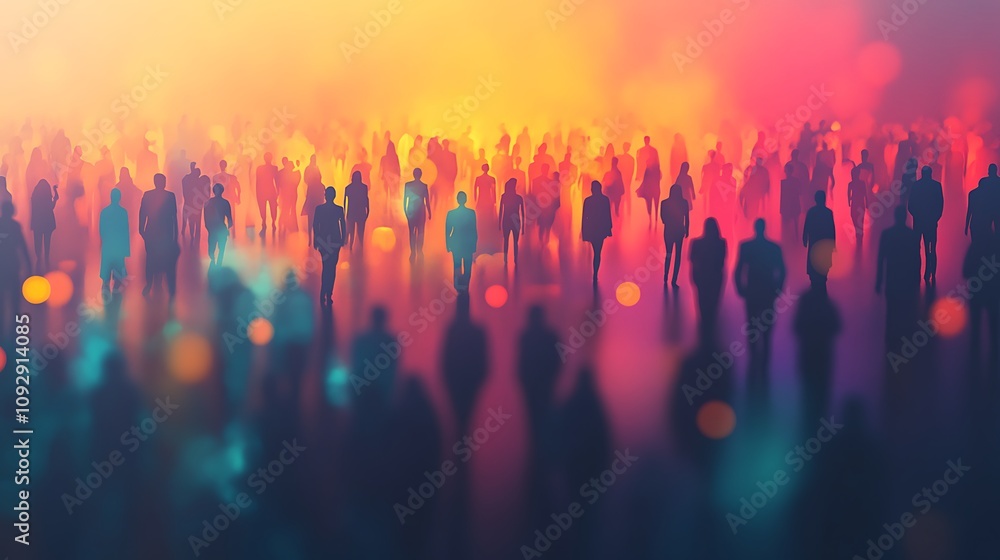 Blurry silhouettes of a large crowd of people walking in a vibrant, colorful setting.