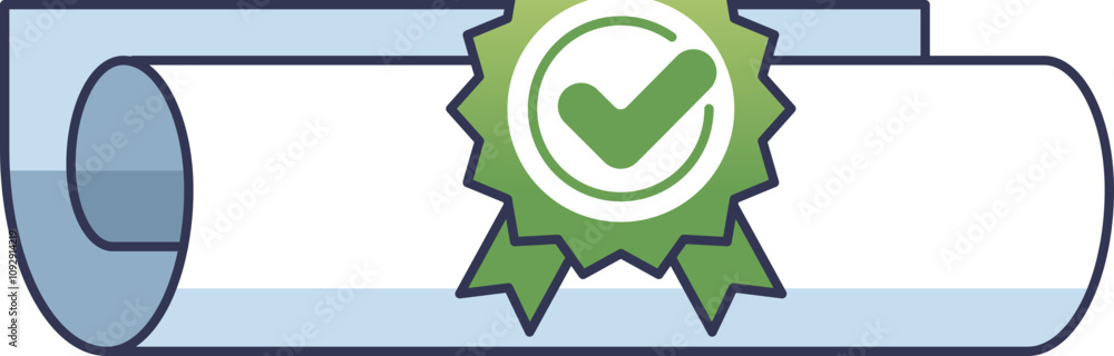 A diploma with a green checkmark badge symbolizes achievement and certification. A diploma with a green checkmark badge symbolizes achievement and certification.