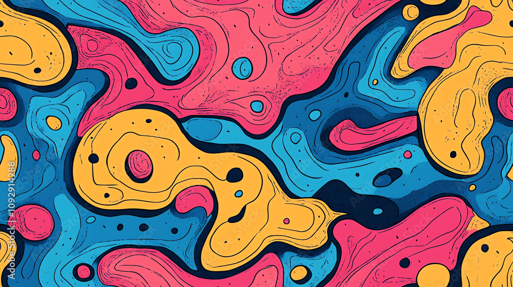 Fluid abstract seamless pattern in blue, pink and yellow with organic shapes Fluid abstract seamless pattern in blue, pink and yellow with organic shapes