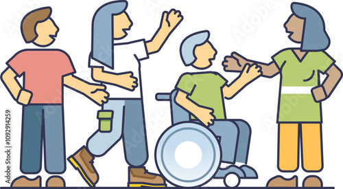 Illustration of diverse friends, including a person in a wheelchair, symbolizing inclusion and friendship.