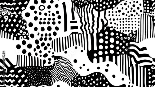 Geometric dotted seamless pattern with mixed textures in black and white