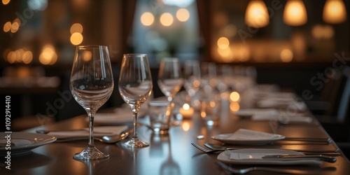 Fototapeta Naklejka Na Ścianę i Meble -  Elegant Dinner Table Setting  Wine Glasses  Candles  Plates
