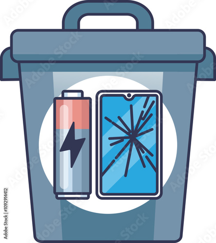 Illustration of an e-waste bin with a broken phone and battery, symbolizing electronic waste recycling.