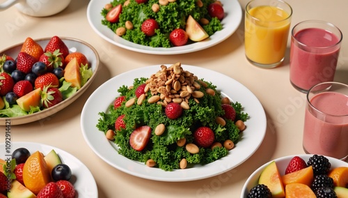 Colorful vegan brunch with vibrant fruit salads smoothies and plant-based dishes