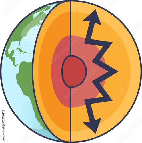 Earth cross-section showing layers and seismic activity.
