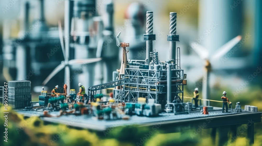 A detailed miniature industrial scene with workers, machinery, and renewable energy elements. A detailed miniature industrial scene with workers, machinery, and renewable energy elements.