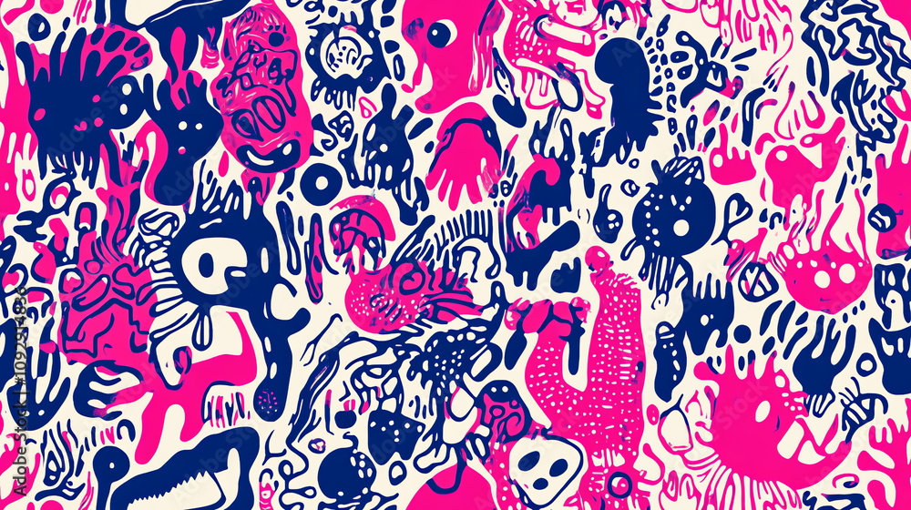 Naklejka premium Pink and blue creature seamless pattern in expressive style