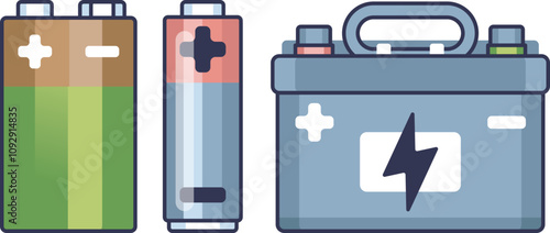 Illustration of various battery types symbolizing energy storage and power.