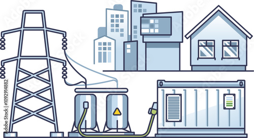 Illustration of an electrical grid with power lines, transformers, and buildings.