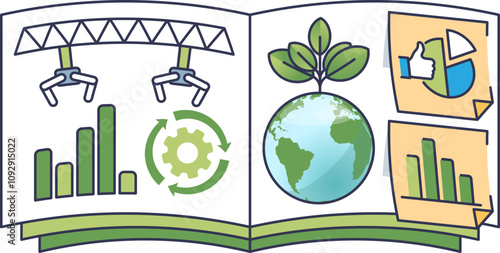 Illustration of sustainability with graphs, gears, and a globe symbolizing environmental impact.