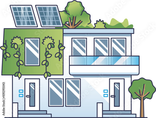 Modern eco-friendly apartment with solar panels and green roof.