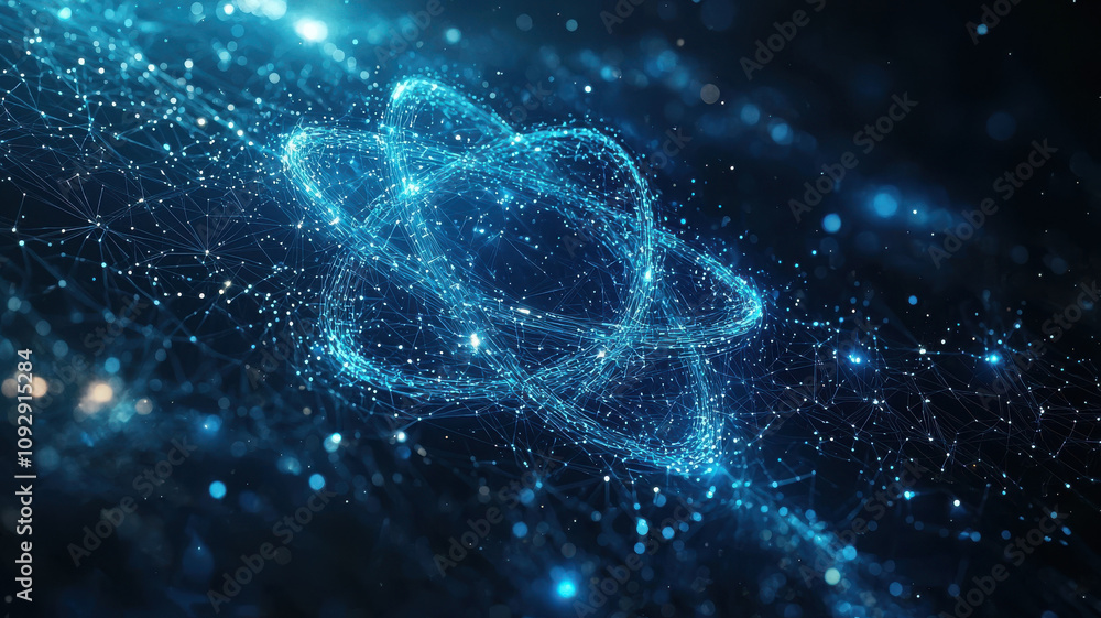 glowing cosmic atom icon with interconnected orbits and stars, representing universe beauty and complexity glowing cosmic atom icon with interconnected orbits and stars, representing universe beauty and complexity