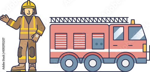 Illustration of a firefighter waving beside a fire truck, symbolizing readiness and safety.