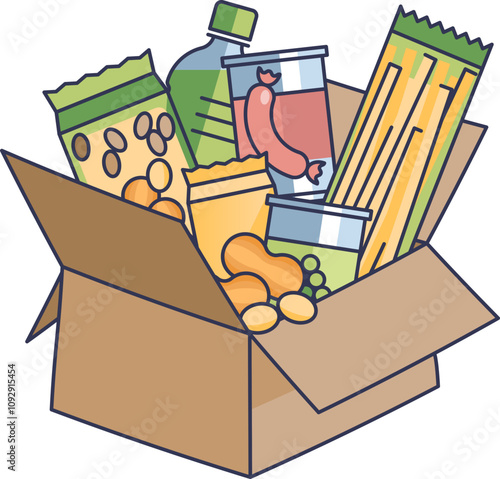 Illustration of a food donation box with canned goods, pasta, and snacks symbolizing charity and support.