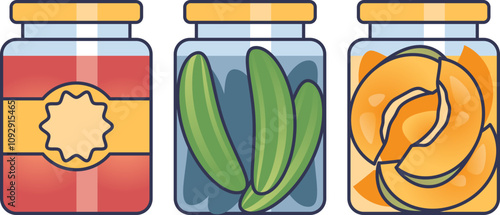Illustration of jars with jam, pickles, and preserved fruit, symbolizing food preservation.