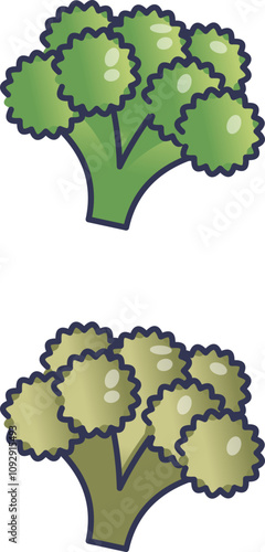 Illustration of fresh and spoiled broccoli, highlighting freshness and decay.
