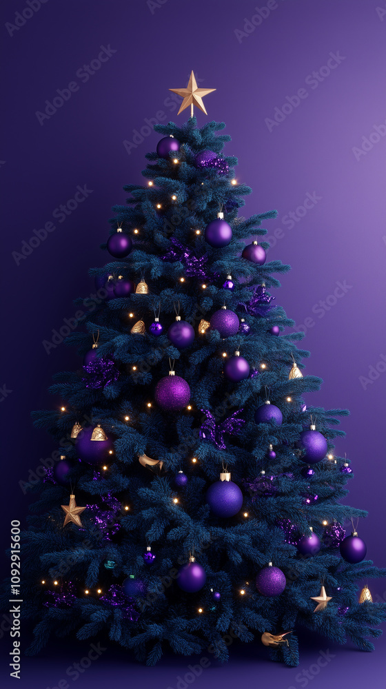Green Christmas tree on purple violet background, banner with copy space Green Christmas tree on purple violet background, banner with copy space
