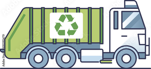 Illustration of a green garbage truck with a recycling symbol, symbolizing waste management and recycling.