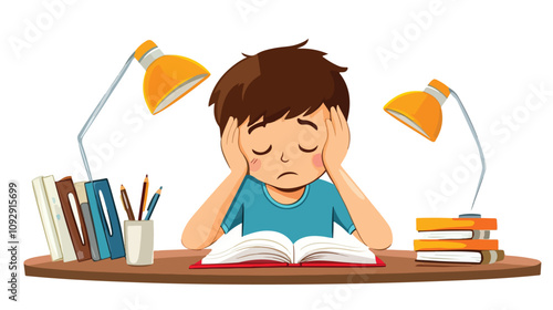 Confused Boy Studying with Head in Hand - Educational Concept Image