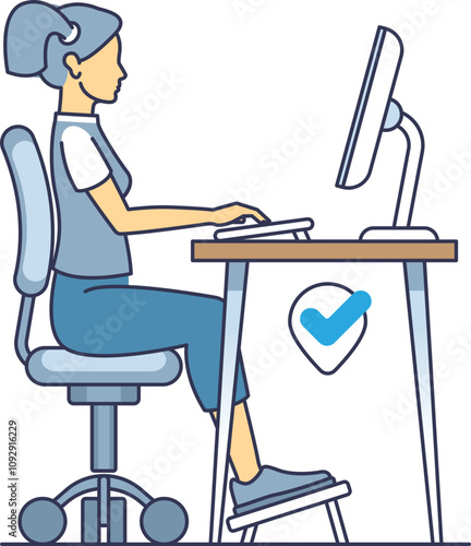 Illustration of proper sitting posture at a desk with ergonomic chair and monitor.