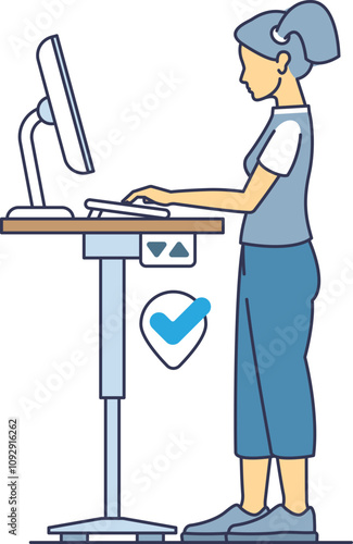 Illustration of a person using a standing desk with correct posture, promoting ergonomic work habits.