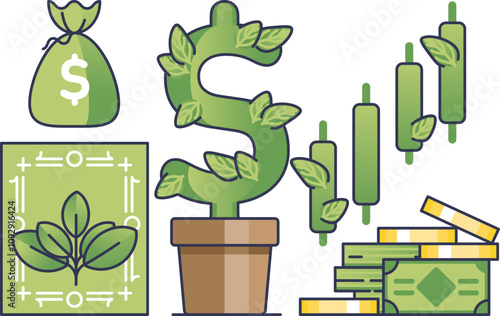 Green finance symbols: money plant, cash, and growth chart, representing sustainable investment.