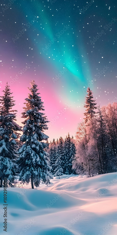 Fototapeta premium Snowy forest against pink and blue aurora borealis in the night sky. Concept of aurora borealis.