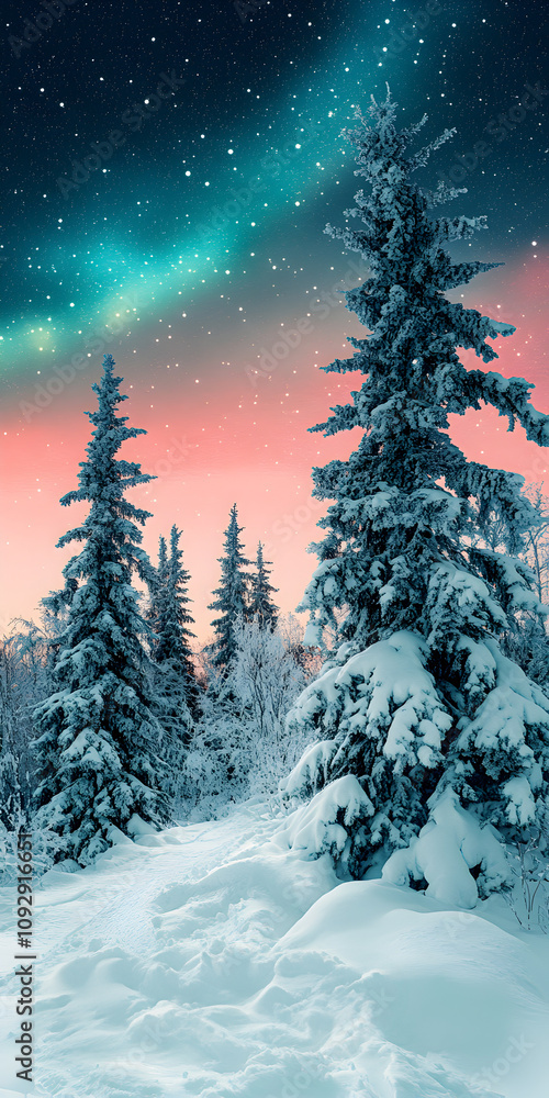 Snowy forest against pink and blue aurora borealis in the night sky. Concept of aurora borealis. Snowy forest against pink and blue aurora borealis in the night sky. Concept of aurora borealis.