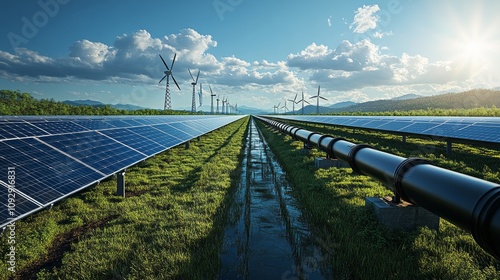 A landscape featuring solar panels and wind turbines, emphasizing renewable energy.