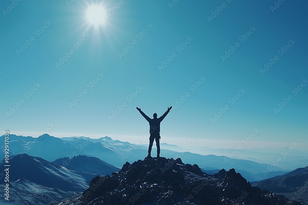A person stands triumphantly atop a mountain peak, arms raised against a bright blue sky, symbolizing achievement and adventure amidst stunning natural beauty. A person stands triumphantly atop a mountain peak, arms raised against a bright blue sky, symbolizing achievement and adventure amidst stunning natural beauty.