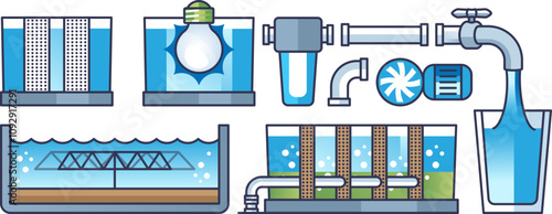 Illustration of industrial water filtration process with filters, pipes, and tanks.